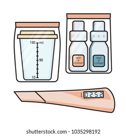 Doping control, urinalysis equipment, tools - sample collection vessel and kits, refractometer for urine gravity check, flat vector illustration isolated on white background. Tools for urine analysis