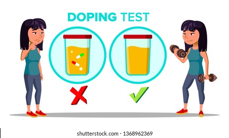 Doping, Drug Test Cartoon Vector Banner Template. Laboratory, Lab Doping Testing Isolated Clipart. Sportswoman Lifting Weights. Urine Samples. Female Character Training, Exercising Flat Illustration