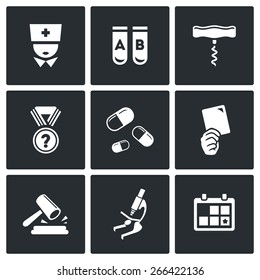 Doping icons: test, vial medal showdown, drugs, disqualification, microscope, verdict. Vector Illustration.
