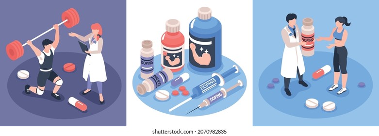 Doping In Sports Isometric Design Concept With Various Types Of Anabolic Steroids And Sportsmen Taking Drugs 3d Isolated Vector Illustration