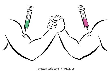 Doping - Strong arms with syringes. Comic vector illustration on white background.