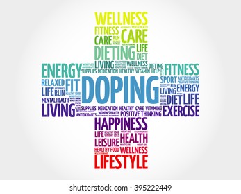 Doping word cloud, health cross concept background