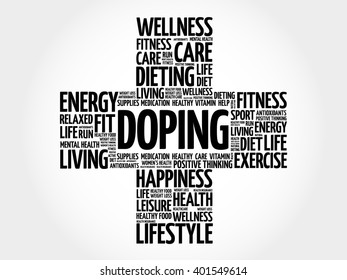 Doping word cloud, health cross concept background