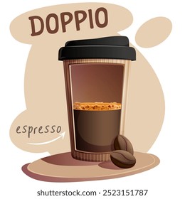 Dopio café em xícara de papel com grãos de café. Ilustração vetorial para faixa, site, cartaz, menu. Ilustração para café, casa de café, bar, conceito de comida, receita