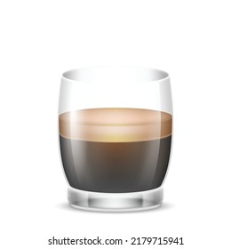 Doppio coffee in transparent glass cup. Fresh hot beverage double espresso in mug isolated on white background. Strong black coffee drink for morning, breakfast element. 3d vector illustration