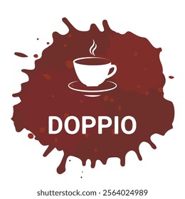 Doppio coffee, vector illustration, hand lettering. White letters with coffee cup, brown coffee liquid spots Menu set flyer banner poster. Fresh aroma. Coffee to go, shop cafe packaging.Roasted. 