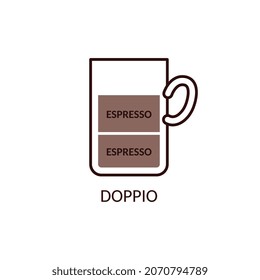 Doppio or double espresso coffee drink icon or symbol in cartoon line vector illustration isolated on white background. Type of beverage on base of coffee.