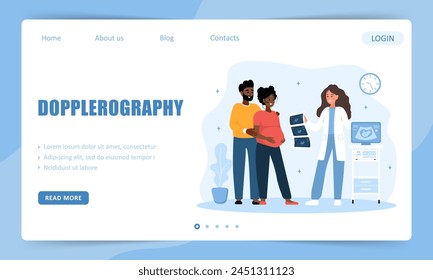 Dopplerography concept. Landing page template. Female doctor gives results of ultrasound examination. Fetus screening. African family expecting for baby. Vector illustration in flat cartoon style.