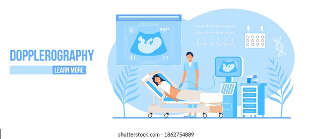 Dopplerography concept vector for landing page. Doctor are doing ultrasound fetus screening checkup in clinic office. Concept of baby belly sonography scan looking at machine screen vector.