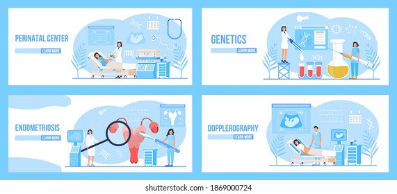 Dopplerography, Perinatal Center Concept Vector For Landing Page. Doctor Are Doing Ultrasound Fetus Screening Checkup In Clinic Office. Endometriosis, Endometrium Dysfunctionality  Illustration.