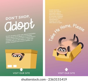 Dopt pet, dont shop, take me home please. Cute animals in box ready to find new family. Kitten playful cat with muzzle and whiskers laying. Promotional banner. Vector in flat style illustration