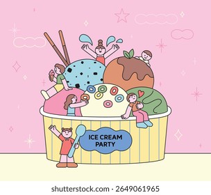 dorable vector illustration of children having fun inside a giant ice cream bowl. Cute characters, colorful scoops, and joyful summer party vibes.