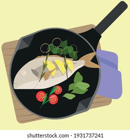 Dorado fish baked with lemons and rosemary. Fish in a pan with salad. Vector image.