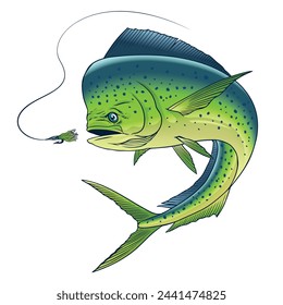 Dorado Fish Catching Fishing Lure Hand Drawn Illustration