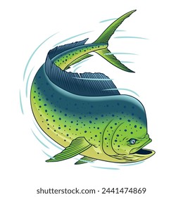 Dorado Fish in Fast Motion Hand Drawn Illustration