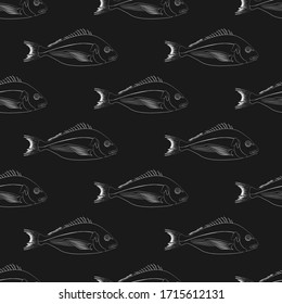 Dorado fish illustration outline seamless pattern on the black background. Vector illustration