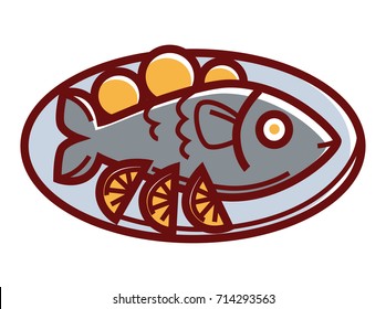 Dorado fish with lemon slices on plate isolated illustration