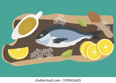 Dorado fish on a cutting board with lemon wedges, olive oil, sea salt and herbs. Mediterranean food concept. Background for the menu, pictures of goods in the online store.