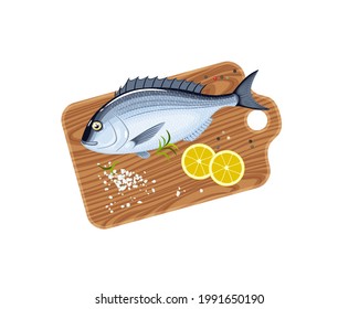 Dorado fish on cutting board with lemon, salt and pepper. Vector illustration cartoon flat icon isolated on white background.