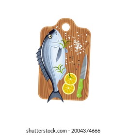 Dorado fish on cutting board with lemon, salt and pepper. Vector illustration cartoon flat icon isolated on white background.