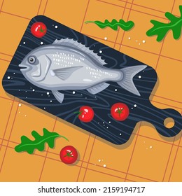 Dorado fish on the kitchen board. The process of cooking a seafood dish. Vector illustration.