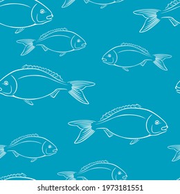 Dorado fish outline seamless pattern. Vector illustration. Seafood background.