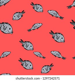 Dorado fishes seamless pattern on red background. Vector illustration for ads, menu and web banner designs. Organic and healthy food concept.