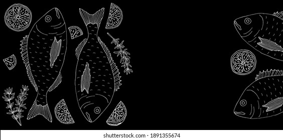 Dorado with lemon and thyme hand drawn. Fish dish, white contour on black background. Beautiful template for restaurant or cafe menu, card, promo, invitation, market or shop.  Vector illustration