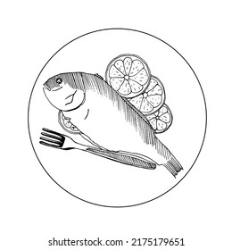 Dorado sea fish on a plate with lemon slices and a fork. Vector sketch in the style of a doodle.