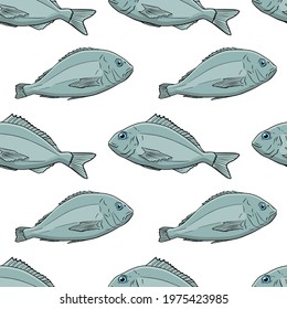 Dorado seamless pattern. Hand drawn vector fish. Sea, river or ocean fish. Design for fishing catch or fisher sport club. Fish market, menu seafood. Design template, banner