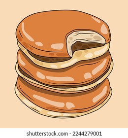 Dorayaki cartoon vector illustration stack of three. Japanese pancake with chocolate filling