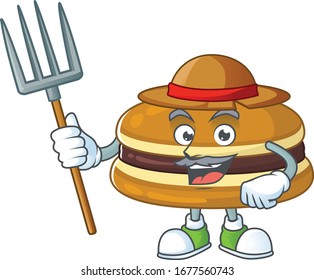 Dorayaki in Farmer mascot design with hat and pitchfork