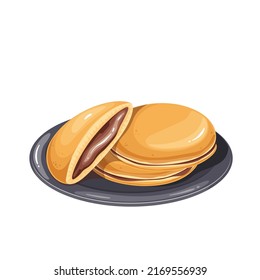 Dorayaki, Japón de la ilustración vectorial de la comida dulce. Caricatura de postre japonés aislado en el plato, crepes dorayaki con pasta de frijol marrón azuki, delicioso menú tradicional de confitería asiática o panadería