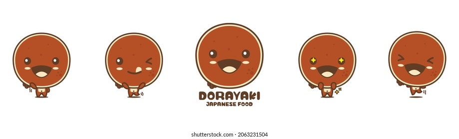 dorayaki pancake cartoon mascot, traditional japanese dessert vector illustration, with different facial expressions and poses, isolated on white background