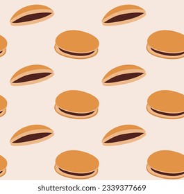 Dorayaki seamless pattern. Traditional japanese dessert. Asian sweet food. Whole pancakes and halves on beige background. Vector illustration.