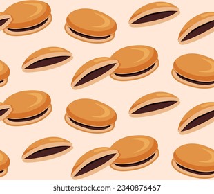 Patrón sin fisuras de Dorayaki. Postre japonés tradicional con fondo beige. Comida dulce asiática. Ilustración vectorial.