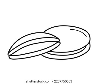 Dorayaki. Two pancake with bean paste. Traditional japanese dessert. Hand drawn asian sweet food element icon. Isolated vector illustration in doodle line style.