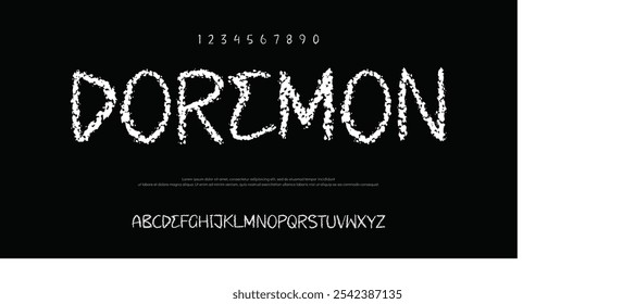 Doremon Tech Schriftart, digitales Alphabet, dünne lateinische Buchstaben A, B, C, D, E, F, G, H, I, J, K, L, M, N, O, P, Q, R, S, T, U, V, W, X, Y, Z und arabische Ziffern 0, 1, 2, 3, 4, 5, 6, 7, 8, 9 Made in