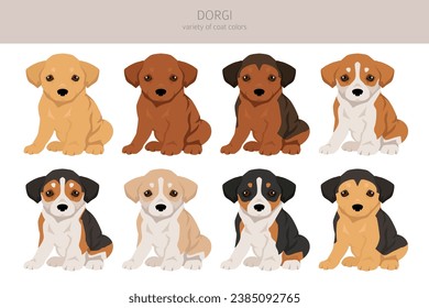 Dorgi clipart. Welsh corgi Dachshund mix. Different coat colors set.  Vector illustration