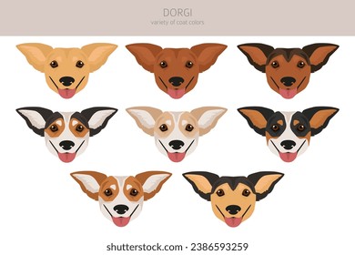 Dorgi clipart. Welsh corgi Dachshund mix. Different coat colors set.  Vector illustration