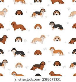 Dorgi seamless pattern. Welsh corgi Dachshund mix. Different coat colors set.  Vector illustration