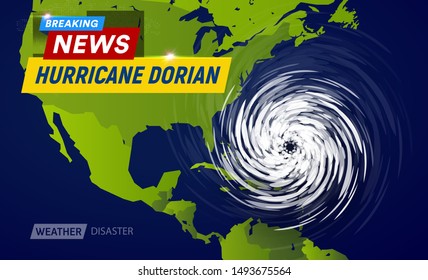 Ciclón huracán Dorian en el mapa de EE.UU., tormenta de espiral tifónica sobre Florida, vórtice de la columna negra, noticia de último minuto ilustraciones vectoriales planas de TV.