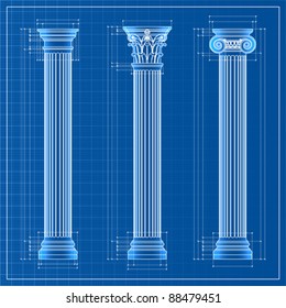 Doric, Ionic and Corinthian Classic Greek column background sketch. Ancient pillar, vector