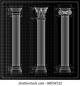 Doric, Ionic and Corinthian Classic Greek column background sketch. Ancient pillar, isolated on white, vector