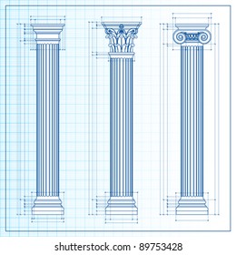 Doric, Ionic and Corinthian Classic Greek column background sketch. Ancient pillar, isolated on white, vector