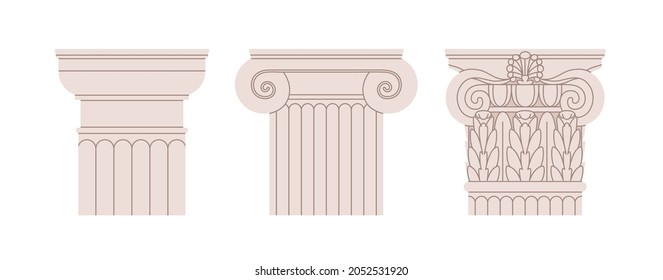 Doric, Ionic and Corinthian types of column capitals. Set of Roman and Greek orders of pillar tops. Ancient architecture styles. Flat vector illustration isolated on white background