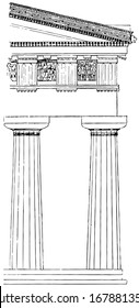 Doric Order, fluted, gutted, motels, pediment, selinus, stylobate, temple, vintage line drawing or engraving illustration.