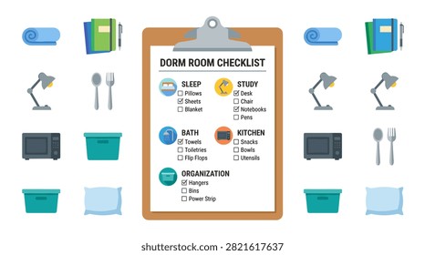 Dorm room checklist clipboard covering sleep, study, bath, and kitchen categories surrounded by matching icons in material design vector illustration ideal for college planning content.