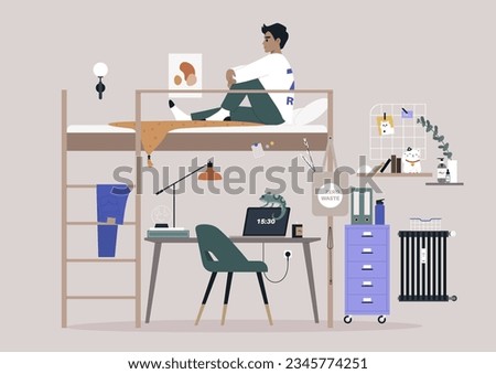 A dorm room concept, a remote home office with a bunk bed, as a space-saving solution, a teenager's decorated bedroom