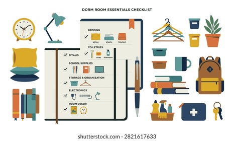 Dorm room essentials checklist with bedding, toiletries, and school supplies icons in mid century modern vector illustration ideal for college shopping content.
